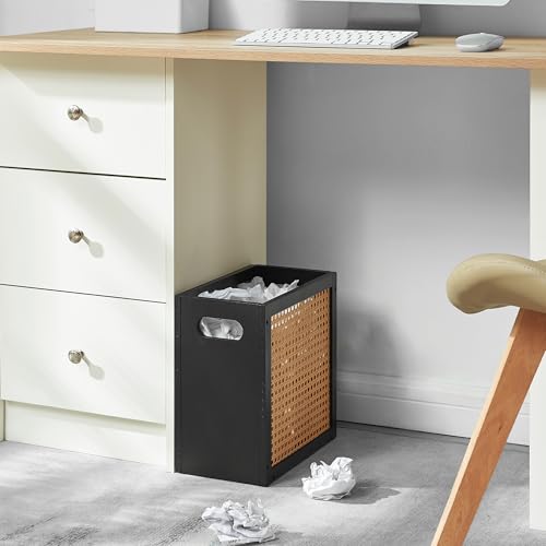 TIOPGHAD 3-Gallon Small Rattan Wicker Waste Basket Trash Can, Black & Oak | Bamboo Frame with Handles, 11.8x6.7x11.8 inches, Waterproof Coating, Ideal for Bathroom, Office and Bedroom - color: Black&Oak