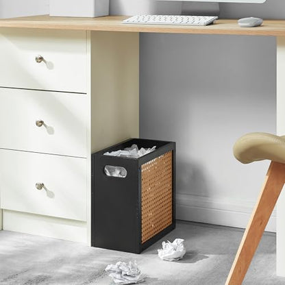 TIOPGHAD 3-Gallon Small Rattan Wicker Waste Basket Trash Can, Black & Oak | Bamboo Frame with Handles, 11.8x6.7x11.8 inches, Waterproof Coating, Ideal for Bathroom, Office and Bedroom - color: Black&Oak