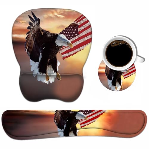 Ergonomic Mouse Pad Wrist Support and Keyboard Wrist Rest Set with Coasters, Non-Slip PU Base, Easy Typing & Pain Relief, Perfect for Home Office Working Studying, Patriotic American Flag Bald Eagle - color: Patriotic American Flag Bald Eagle