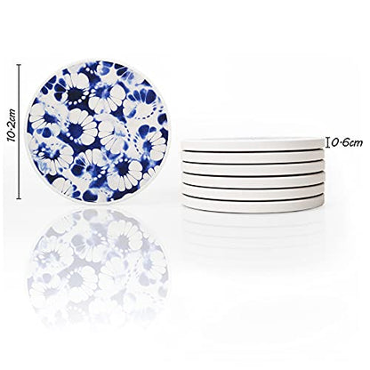 AD Set of 6 Coasters for Drinks Absorbing Round Ceramic Stone Coaster with Cork Base,Tabletop Protection Mat for Mugs and Cups,Office,Kitchen (Shibori) - style: Shibori