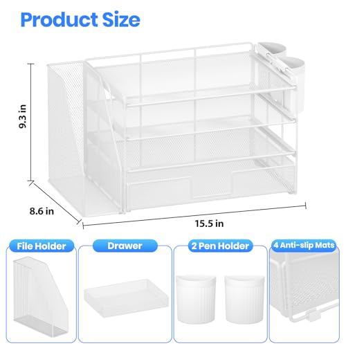 OPNICE Desk Organizer, 4-Tier Desktop File Organizer with Drawer and Pen Holders, Office Desk Accessories, File Sorters, Workspace Organizers for Office Supplies(White) - color: White, size: 4-tier