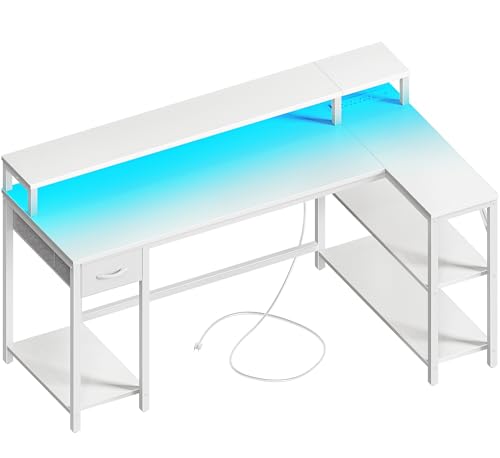 SUPERJARE 53 inch Reversible L Shaped Desk with LED Lights & Power Outlets, Computer Desk with Shelves & Monitor Stand, Gaming Desk with Drawer, Home Office Desk Corner Desk, PU White Drawer - color: Pu White, size: 53 inch