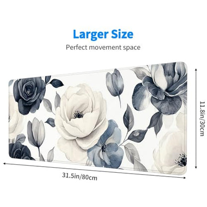 Flower Extended Mouse Pad Navy Cream Watercolor Floral Minimal Chic XL Mouse Pad Large Mousepad Extended Laptop Keyboard Mat Gaming Desk Pad Mouse Mat 31.5x11.8 Inch - color: Flower