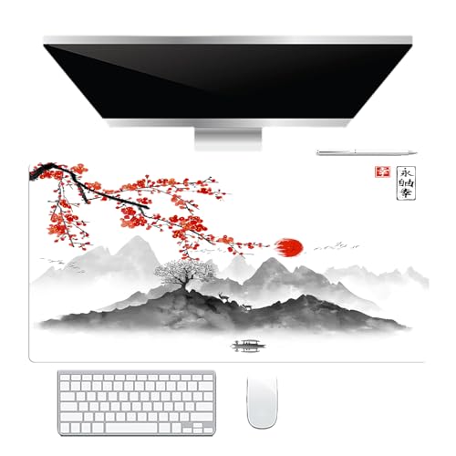 EOBTAIN Japanese Large Gaming Mouse Pad Cherry Blossom Keyboard Mat 31.5x15.7 Inch Mountain Landscape XXL Thin and Big Extended Desk Mat Smooth Non-Slip Rubber Mousepad Stitch Desk Accessories - color: Grey