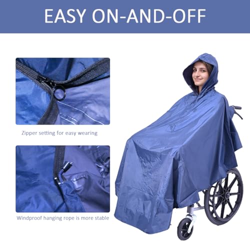 Waterproof Wheelchair Poncho, Windproof Rain cover adults Mobility Scooter Poncho Cape - color: Navy Blue