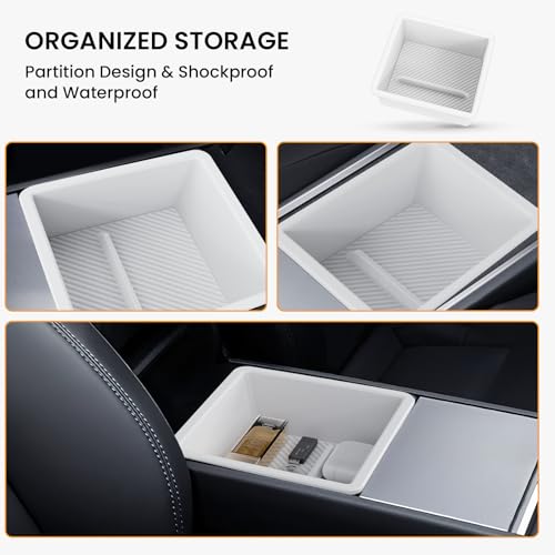 BANKKY 2PCS Center Console Organizer for Tesla Model 3 Highland 2024-2026 & Model Y Juniper 2025-2026, White Armrest Storage Tray with Anti-Slip Liner, ABS Tesla Accessories - size: 2PCS (24-26) Model3 White