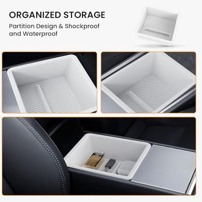 BANKKY 2PCS Center Console Organizer for Tesla Model 3 Highland 2024-2026 & Model Y Juniper 2025-2026, White Armrest Storage Tray with Anti-Slip Liner, ABS Tesla Accessories - size: 2PCS (24-26) Model3 White