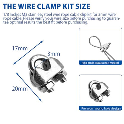 10PCS 1/8 Inches M3 304 Stainless Steel Wire Rope Cable Clip Clamp, Reusable Wire Rope Clips for 1/8Inch (1.5mm-3mm) Diameter Wire Cable/Wire Rope, Wire Clamp Tool for Outdoors - size: 10pcs-M3(1.5mm-3.0mm)