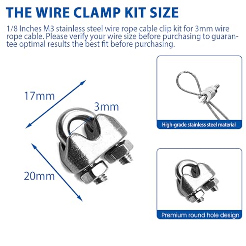 10PCS 1/8 Inches M3 304 Stainless Steel Wire Rope Cable Clip Clamp, Reusable Wire Rope Clips for 1/8Inch (1.5mm-3mm) Diameter Wire Cable/Wire Rope, Wire Clamp Tool for Outdoors - size: 10pcs-M3(1.5mm-3.0mm)
