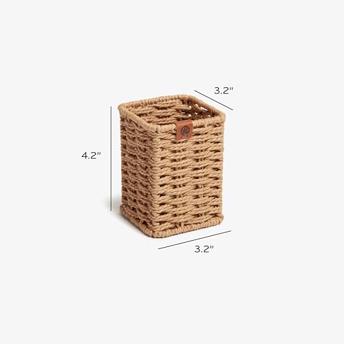 U Brands Woven Pencil Cup, Rattan-Inspired Wicker Style Office Organization Supplies, Natural Wood, 1 Count