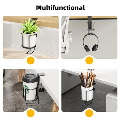 CABTE 2 in 1 Desk Cup Holder with Headphone Hanger Holder, Anti-Spill Clip-On Table Cup Hook with 360° Rotation for Lawn Chair, Office Home Gaming Table (1 Pack) - color: 1 PACK