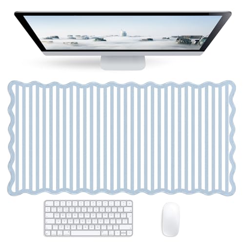 Striped Blue Scalloped Mouse Pad,Cute Kawaii Stripes Large Desk Mat Non-Slip Rubber Base,Aesthetic Decor Gaming Computer Desk Pad for Office Laptop Mouse Keyboard Pad, 31.5" x 15.7", XL - color: Striped Blue