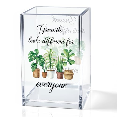 Growth Looks Different for Everyone Acrylic Cosmetic Pencil Holder Cup, Funny Plant Pen Holder for Women Teacher, Home Office Classroom Desk Accessories, Inspirational Gifts for Coworker Friend - color: green & brown
