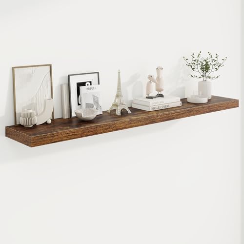 55in Floating Shelves for Wall, 55"W x 9.25"D x 1.5"H, Long Wall Mounted Engineered Wood Shelves with Invisible Brackets for Living Room, Bedroom, Bathroom, Kitchen Decor and Storage, Rustic Brown - color: Rustic Brown With Invisible Metal Brackets, size: