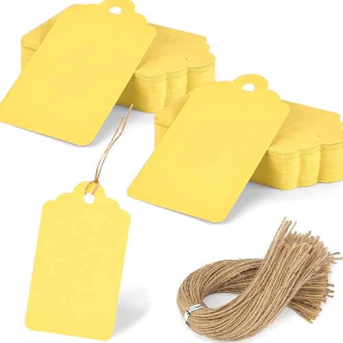 SallyFashion 120pc Gift Tags with String - Blank Yellow Paper Hanging Tags for Wedding & Birthday Gifts DIY - color: Yellow