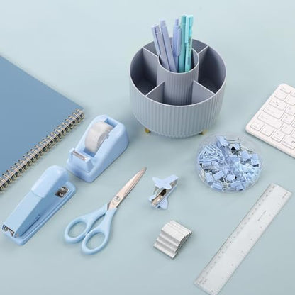 SKYDUE Desk Organizers and Accessories 10Pcs, 360-Degree Rotating Pen Holder, Stapler, Staple Remover, Tape Dispenser,2pcs Tape Refills, Binder Paper Clips Kit, Scissor (Blue) - color: Blue