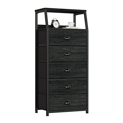 Furnulem Black Dresser with 5 Drawers, Vertical Storage Tower Fabric Dresser for Bedroom, Hallway, Entryway, Nursery, Closet Organizer, Nightstand Bedside Table Furniture, Sturdy Steel Frame, Wood Top - color: Black Oak, style: 5 Drawers