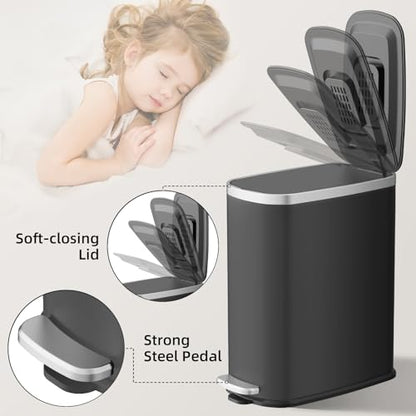 KUK Slim Bathroom Trash Can with Lid Soft Close, Step Pedal, 2.6 Gal/ 10L Stainless Steel Garbage Can with Removable Inner Bucket, Anti-Fingerprint Wastebasket for Office, Bedroom, Toilet (Black) - color: Matt Black-P2