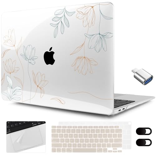 MEEgoodo for MacBook Air 13.3 inch Case 2021 2020 2019 2018 A2337 M1 A2179 A1932, Clear Case for MacBook Air M1, Hard Shell with Keyboard Webcam Cover & Trackpad Film & Type C Adapter,Engraving Floral - color: Engraving Floral