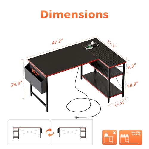 Mericonia Small L Shaped Computer Desk with Power Outlets, Reversible Gaming Desk with Storage Shelves, Corner Gamer Desk Table, Study Writing Table - color: Carbon Fiber, size: 47 inch