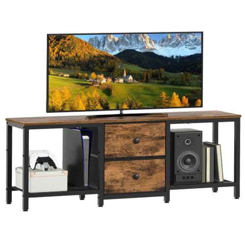 TV Stand for TVs up to 55", Entertainment Center with 2 Fabric Drawer | Media Console with Shelves, 2-Tier Media Console Table with Wooden Shelves, Television Stands for Living Room, Bedroom - color: Rustic Brown