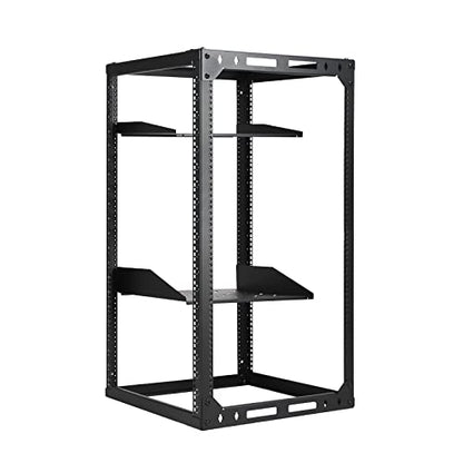 AEONS 20U Open Frame Network Server Rack 19-inch 4 Post AV Rack with Casters for Floor Standing and Wall Mount, Side Load for Extra Depth– Complete Kit with 1U and 2U Vented Shelves, Black - style: 20U-Kit