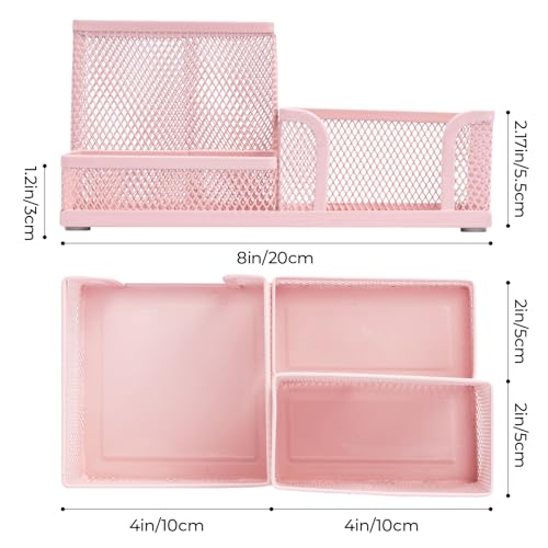 M&G Mesh Pen Holder Desk Organizers Pencil Holder for Desk Pink, 3 Compartments Metal Office Supply Organizer with Sticky Notes Holder for Home Office - color: Pink