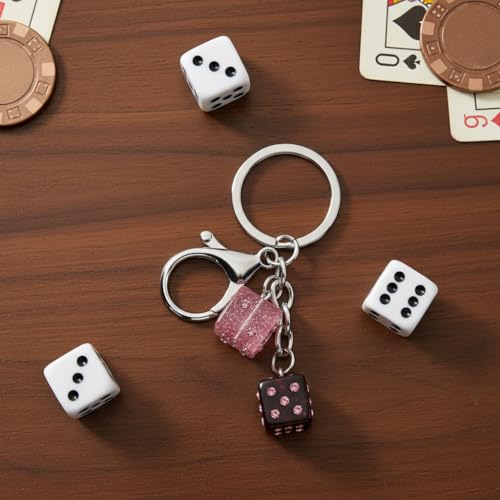 Dice Keychain – Luckly Keychains Bag Charms for Women with Pink Glitter and Crystal Studs, Cool Key Chains Gifts for Game Lovers