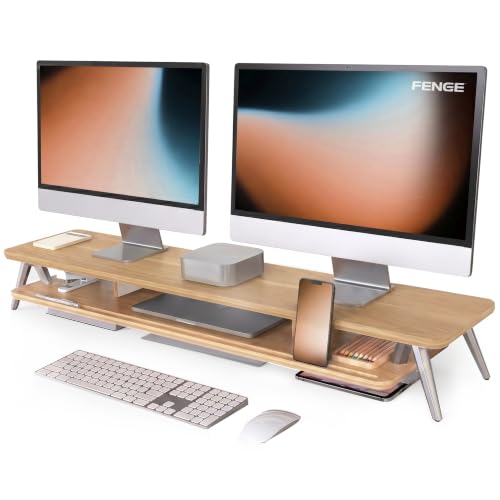 Fenge Dual Monitor Stand, Monitor Stands Riser for 2 monitors, 42.5 Inch Wood Desk Shelf with Storage Organizer and Cable Management for Office Desk Accessories - color: Dark Oak, size: 42.5 Inch