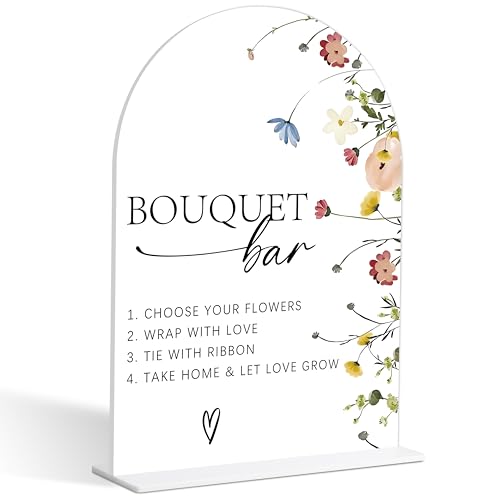 Bouquet Bar Sign, Flower Style Bridal Shower Sign for Wedding, Engagement, Bridal Shower and Reception, Bridal Shower Decorations, Wedding Shower Favors, 6X8 Inch Acrylic Arch Sign with Stand,29 - color: Bouquet Bar,29