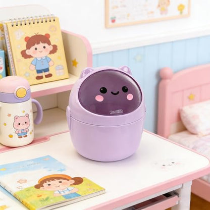 Mini Trash Can, Cute Small Trash Can with Lid, Desktop Paper Bin with 5 Rolls of Bin Liners, Portable Tabletop Dustbin, Cartoon Animal Rubbish Storage for Office Bedroom Desk Kitchen(Purple) - color: PurPle