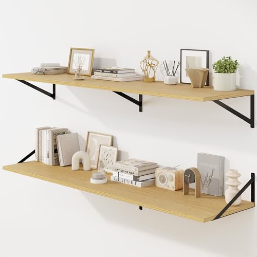 Fun Memories Floating Shelves for Wall, 12 Inch Deep Floating Shelves Set of 2, 55W x 12D Large Wall Shelf with Sturdy Metal Brackets for Living Room, Bathroom, Bedroom and Kitchen, Oak - color: A-oak, size: 55"w x 12"d