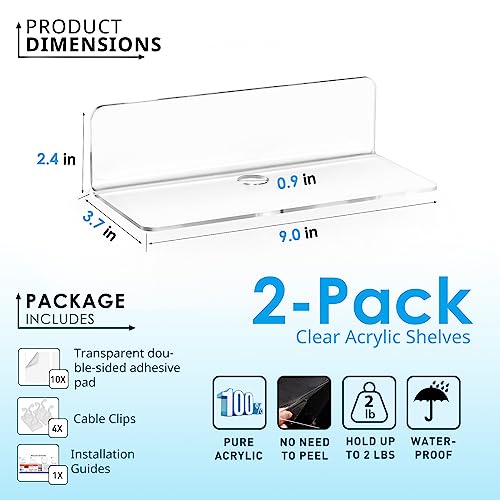 OAPRIRE Clear Acrylic Floating Shelves Set of 2 - Easily Expand Wall Space - Small Wall Shelf with Strong Adhesive for Bathroom, Bedroom, etc - color: Fully Clear