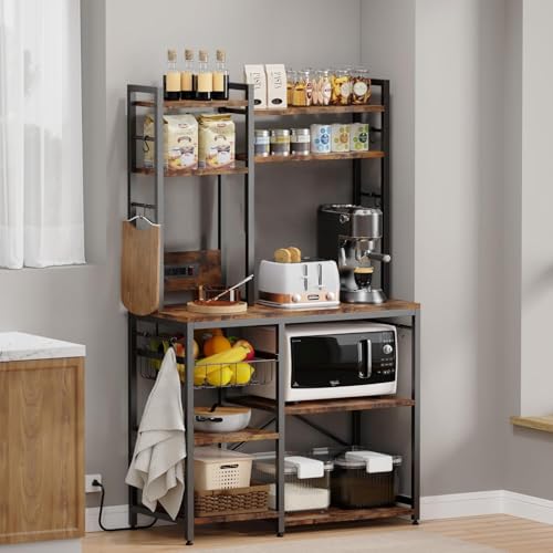 Luckyeestar Bakers Rack with Power Outlet - 6 Tier Microwave Stand with Storage, 35.4 inches Kitchen Shelf with Wire Basket and 12 S Hooks,Coffee Bar Shelf, Adjustable Feet, Rustic Brown Cabinet - size: 6-Tier 35.4 inches