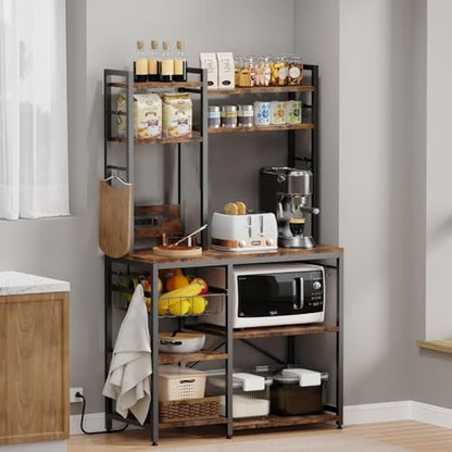 Luckyeestar Bakers Rack with Power Outlet - 6 Tier Microwave Stand with Storage, 35.4 inches Kitchen Shelf with Wire Basket and 12 S Hooks,Coffee Bar Shelf, Adjustable Feet, Rustic Brown Cabinet - size: 6-Tier 35.4 inches