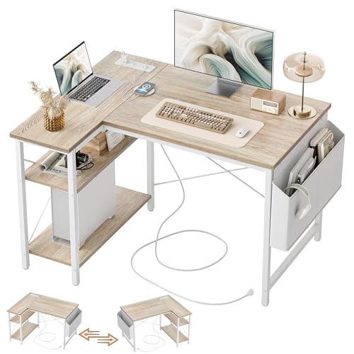 TIQLAB L Shaped Computer Desk with Power Outlets, 40 Inch Small Corner Desk with Reversible Shelves, Gaming Desk Computer Table Study Writing Table for Home Office Bedroom Small Space, Maple - color: Maple, size: 40 Inch