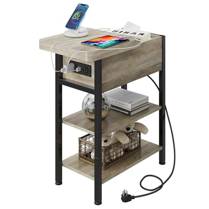 WLIVE End Table with Charging Station, Flip Top Narrow Side Table with Storage Shelf, Small Nightstand with USB Ports and Outlets,Bedside Table for Living Room, Bedroom,11.81" D x 23.62" W x 24.33" H - color: Greige