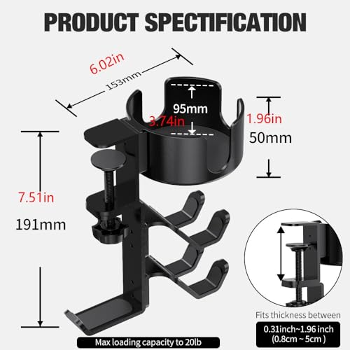 3 in 1 Desk Cup Holder with Headphone and Controller Stand, Universal Adjustable & 360° Rotating Clamp on Under Desk Headphone Hanger for Mugs, Headsets, Gamepads, Phone and Pen