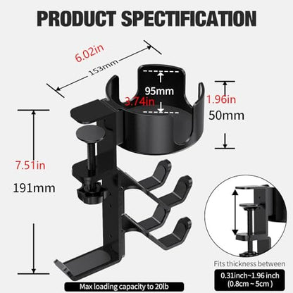 3 in 1 Desk Cup Holder with Headphone and Controller Stand, Universal Adjustable & 360° Rotating Clamp on Under Desk Headphone Hanger for Mugs, Headsets, Gamepads, Phone and Pen
