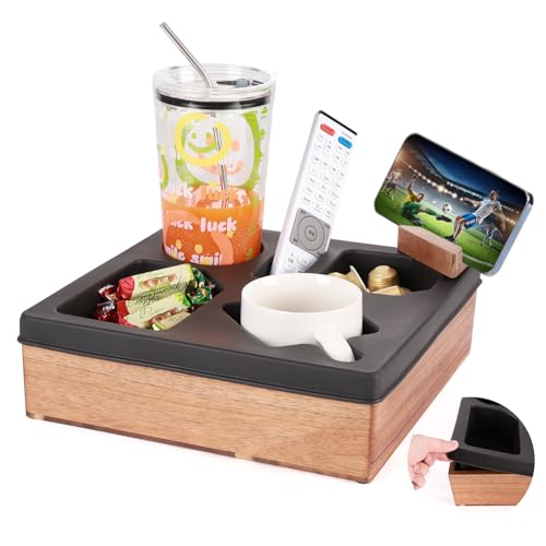 Couch Cup Holder Tray, Silicone Acacia Wooden Couch Caddy with Cup Holder for Snacks, Drinks, Remotes, Waterproof Cup Holder for Couch, Organizer, Movie Night Snack Trays - color: Black