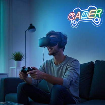 Gamer Neon Sign for boy room decor, 15 * 9 inch Blue Gaming led lights with USB Power and Dimmer Switch for game room decor,teen's room,man cave,adult and Kids - style: blue-gamer