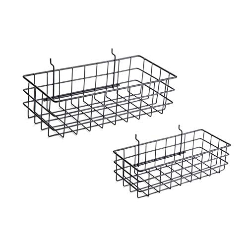 Pegboard Basket Set of 2, Medium + Small Size Basket, Black - Hooks to Any Peg Board - Organize Tools, Workbench, Accessories, Garage Storage - Wall Organizer Attachments - size: c. Sizes S+M Pack
