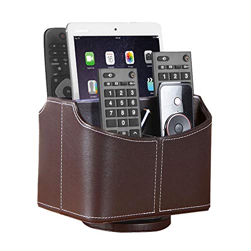 YAPISHI Leather Remote Control Holder, 360 Degree Spinning Desk TV Remote Caddy/Box, Coffee Table Organizer for Controller, Media, Calculator, Mobile Phone and Pencil Storage - color: 3# Brown