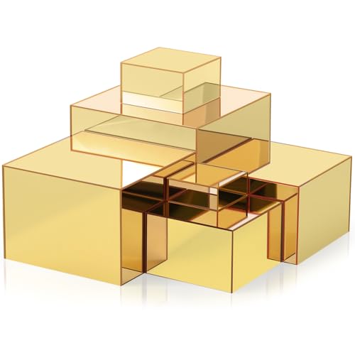 Geelin 6 Pack Acrylic Risers for Display Acrylic Cube Boxes Risers Display Stands with Hollow Bottoms Decorative Stand for Jewelry Candy Table Decor 6 Sizes(Gold,3 to 8 Inch,Square) - color: Gold, size: 3 to 8 Inch, style: Square
