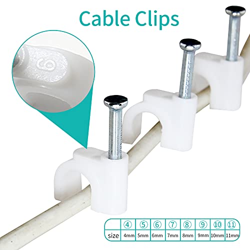 Bonsicoky 100Pcs Nail Cable Clips with Steel Nail, 6mm White Cable Wire Management Clips for Ethernet Cable, Telephone Cable, TV Wire Cable, Print Cable