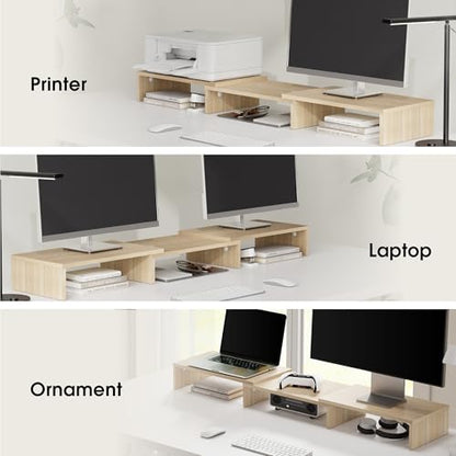 FITUEYES Dual Monitor Stand – 3 Shelf Computer Monitor Riser, Wood Desktop Stand with Adjustable Length and Angle, Desk Accessories, Office Supplies Medium Oak, DT108006WO - color: Oak