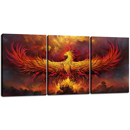 Fire Phoenix Wall Art Prints Volcanic Burning Phoenix Birds Canvas Picture Posters Prints Artwork 3 Piece Home Office Living Room Bedroom Decor Framed Ready to Hang - 36" W x 16" H - color: Art-09, size: 36"W x 16"H