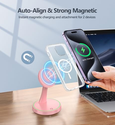 Magnetic Wireless Charger Stand 15W Fast Mag-Safe Charger for iPhone 17 /17 pro/ 17 Air/ 17 pro max 16/15/14/13/12 Series Magnet Wireless Charging Station/Pad with Sleep-Friendly Light for AirPods - color: Magneitc Purple