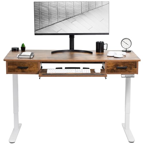 VIVO Electric Height Adjustable 55 x 24 inch Memory Stand Up Desk with Rear-Set Legs, Rustic Vintage Brown Table Top with Built-in Drawers and Keyboard Tray, White Frame, DESK-KIT-RW5MN - color: Vintage Brown Top / White Frame