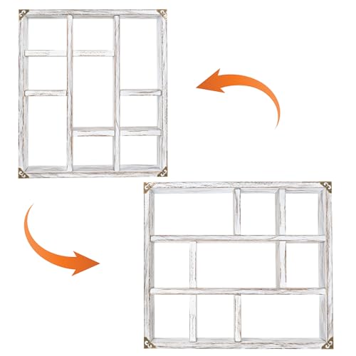 17.7x15.7-Inch Shadow Box Shelf 9-Slot Rustic Wood Floating Shelves Larger Shelf Lightweight Solid Wood Display(Set of 2,9C-Rustic White) - color: 9c-rustic White, size: 2 PCS